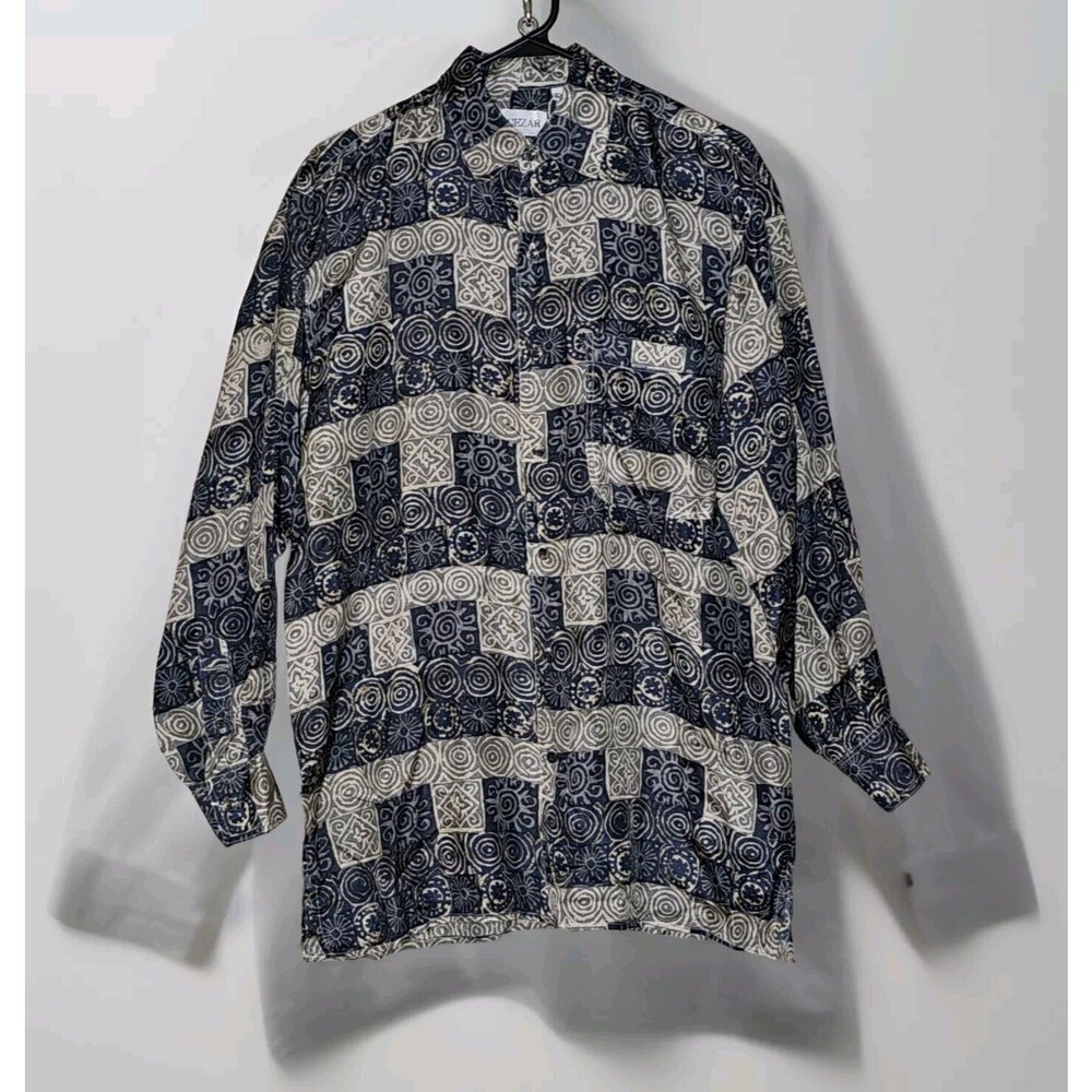 Cezar 100% Silk Shirt Mens Lrg Long Sleeve Button Up Geometric Spirals Vintage